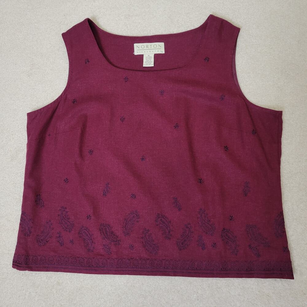 Norton McNaughton XL Linen Blend Burgundy/Black Embroidered Paisley Tank Top